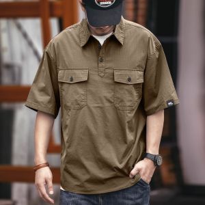 plus Size 300 Pounds American Retro Workwear Shirt Mens Polo Loose Summer Trendy Brand Short Sleeve T-Shirt for Youth