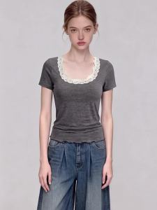 DVDK | Lace Large Neckline Slim Short Sleeve Grey T Shirt