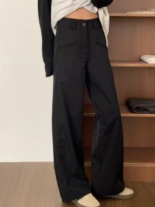 กางเกงขายาวทรงหลวมเอวสูงสีดำสำหรับผู้หญิง กางเกงขายาวทรงตรงขากว้างสำหรับใส่ไปทำงาน ฤดูใบไม้ร่วง 2024