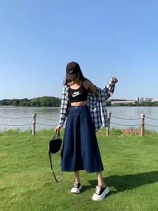 Plus size womens high waist denim long skirt new versatile slim A-line umbrella skirt Midi ins 2024