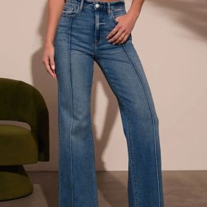 Autumn new womens dark blue high waist straight jeans slim fit wide leg version stretch denim fabric elegant intellectual jeans