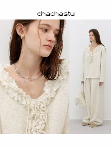 Áo Sweater Len Ôm Đẹp Hình Hoa Cổ V Đính Đai