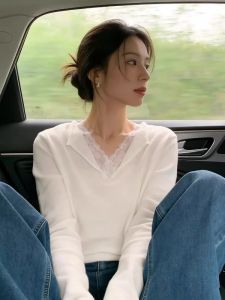 V-Neck Unique Lace Trimmed Layered Look Knit Top