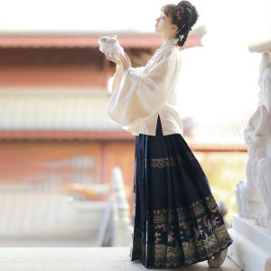 Original Han Dynasty Style Womens One-Piece Gown with Embroidered Gold Patterns round Neck Side Slit Skirt for Autumn Winter