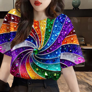 Summer Bestseller Creative Trendy Colorful Bead Pattern 3D Print Short Sleeve Womens Casual Fashion round Neck T-shirt