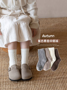 ถุงเท้าเด็กผ้าฝ้ายแท้บางสไตล์ย้อนยุคสำหรับฤดูใบไม้ผลิและฤดูใบไม้ร่วง ถุงเท้าเด็กผู้หญิงเจ้าหญิงสไตล์ย้อนยุค ถุงเท้าเด็กผู้หญิงถักลายผ้าลินิน