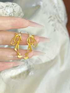 Romantic Gold Color Womens S925 Silver Earrings Butterfly Knot Simple Color Soft Ribbon Elegant Fashion Jewelry Ear Studs