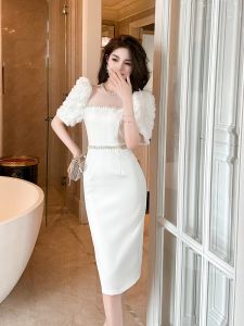 Ladies Fancy Dress Womens Summer Stylish round Neck Bead Flowers Puff Sleeves White Silm Dress