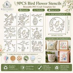 9Pcs Bird Stencils for Painting Reusable Plastic Flower Leaf Branch Stencils Drawing Templates for Crafts DIY Wall Canvas Knit