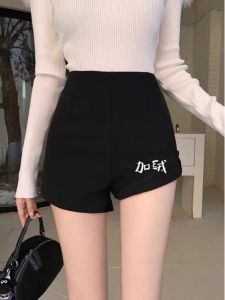 plus Size Womens High Waist A-Line Short Pants Elastic Fleece Lined Thickened Autumn Winter Style Commute Korean Version
