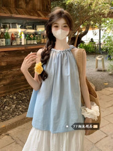 Blue Off-Shoulder Sleeveless Cotton Linen Shirt Womens Winter Fashion High-End Dopaamine Style French Doll Shirt Neck Hanging