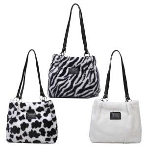 Mireille Women Plush Tote Bag Casual Faux Fur Handbag Zebra/Cow Pattern Furry Shoulder Bag Fluffy Satchel Bag Girl Stylish Purse