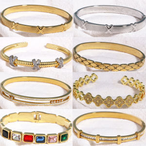 Luxury Shiny Full Zircon Open Bangle Bracelet for Women Exquisite Stainless Steel X Design Wedding Party Jewelry Gift