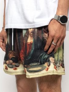 กางเกงขาสั้นชายทรงหลวมพิมพ์ลายไฟไหม้ กางเกงขายาวทรงตรงเอวกลาง กางเกงขายาวฤดูร้อนสำหรับเยาวชนและวัยกลางคน