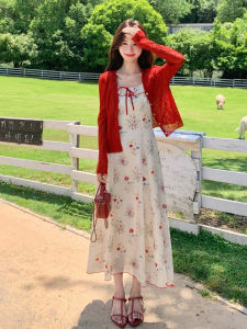 YINLUOYA | Summer Beautiful Long Red Cardigan Dress Womens High Waist Princess Style Two-Piece Set Elegant Gentle Korean Style Skirt