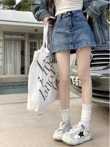 เอวสูงยีนส์กระโปรงทรงเอสําหรับผู้หญิงขนาดบวกสไตล์ย้อนยุคผ้าฝ้ายผสมโพลีเอสเตอร์สั้นความยาวผ้ากันเปื้อนสีทึบ