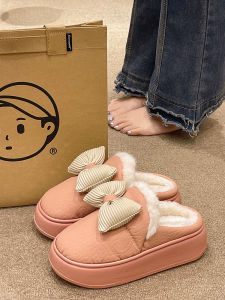 Thick-Soled Cotton Slippers Womens Winter Cute Bows Velvet Thermal Non-Slip Waterproof Interior Home Outwear Slippers