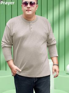 Plus Size Men's Long Sleeve Round Neck T-Shirt: American Retro Henry Collar Base Shirt