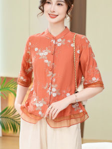 Ladies Loose Cotton Linen Embroidered Shirt Mid-Sleeve Vintage Style Fashionable Youthful Summer New Arrival Top