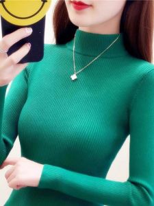 plus Size Womens Half High Collar Long Sleeve Knitwear Slim Fit Base Layer Shirt Autumn Winter mid Collar Versatile Knitted Sweater