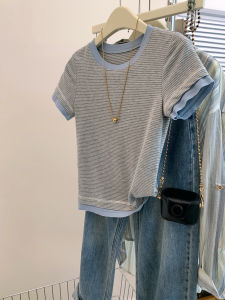 YIFENGXIN | Color Blocking Stripe False Two-piece T-shirt Regular Shoulder Design Top