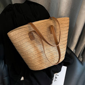 Fashionable Womens Straw Woven Tote Bag Single Shoulder Bag Underarm Basket Shape Leisure Handbag Soft Handle Polyester Lining