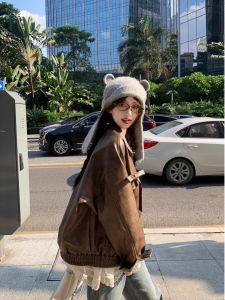 Early Autumn American Retro Lapel Butterfly Knot Long Sleeve Jacket Leather Coat Women Loose Fashion Motorcycle Outerwear