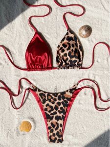 Color Blocked Leopard Print Backless Bikin Contrast Color Leopard Print Halter Bikini