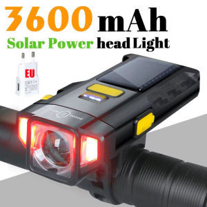 Solar Bike Front Light Rechargeable Head Light with COB Red Warning Light Cycling Bike Near Far Flashlight for Night Riding