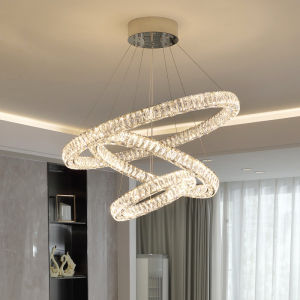 LANTU Modern Luxury 3 Rings Gold Silver Crystal LED Pendant Light Remote Dimming Hanging Lamp for Bedroom Dining Room Kitchen Island Villa Duplex Staircase Bright Lighting Fixture