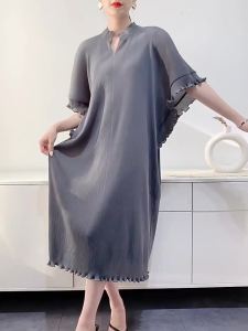 L-941F# One Size (45-75kg) Spring/Summer Toothpick  Mid-Length WomenS Loose Large Size MomS Clothing Slimming Slim Fit Pleated Dress