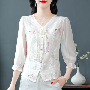 Elegant Short Sleeve Chiffon Shirt Womens Summer Fashionable Beautiful Top Moms Top Light National Style Seven Sleeve Shirt