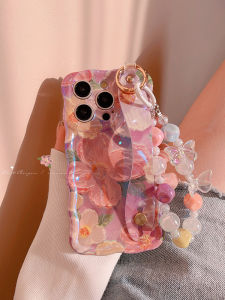 Womens Full Cover iPhone Case with Wristband And Lanyard Protective Shell for Apple 15Promax 2025 New Painted Flower Design
