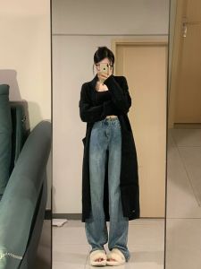 สูง เอว ขยาย อเมริกันวินเทจ ผู้หญิง กางเกงยีนส์ ฤดูใบไม้ผลิ ฤดูใบไม้ร่วง สูง เอว ตรง หลวม พรางหุ่น ขากว้าง ความยาวพื้น กางเกง