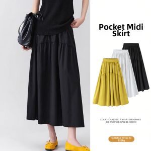 YINLIANHU | Womens Plus Size High Waist A-Line Pocket Skirt White