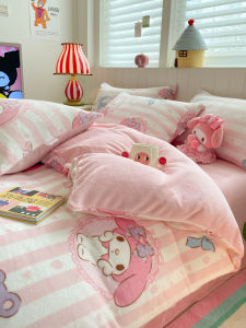 Adorable Pink Fleece Warmth Four-Piece Bedding Set Cartoon Characters Single Double Bed Linens Digital Printing Polyester Fiber