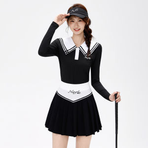 New Autumn-winter Style Golf Womens Long-sleeved Button-down T-shirt With Color-block Design Fashionable High-end Elegant Fitted Quick-drying Breathable and Comfortable Elastic Outdoor Leisure Sports Set Skirt
