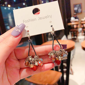 Elegant Long Tassel Hoop Earrings Natural Stone Heavy Work Crystal Drop Earrings Womens Fashion Jewelry Accessories