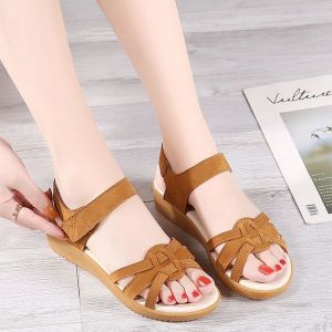Leather Sandals Womens Soft Bottom Fashionable Outdoor Wear Anti-slip Elastic Sandals Summer New Style Hollow out Casual Loafers