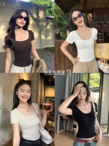 เสื้อยืดคอกลมแขนสั้นถักทรงสลิมฟิตสำหรับผู้หญิง Pusumede ทรง U แขนสั้น ทรงเข้ารูป คอลเลกชันฤดูร้อน 2025