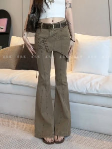 American Retro Waist Seal Micro Flared Skirt Pants Womens Spicy Girl Fake Two-Piece Rivet Splicing Slimming Floor-Length Pants