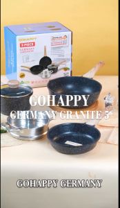 PANCI SET SWISS 5PCS TERLARIS CREAM Granite Gohappy GHS05C Wok Pan 24cm fry pan and milk pan with lid - cookware set granit anti lengket swis