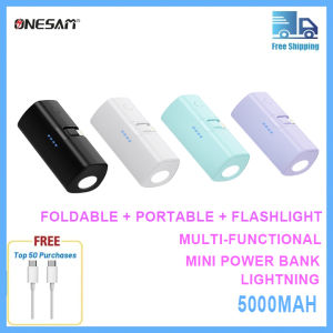 Onesam Mini Powerbank chân cắm gập xách tay Sạc di động 5000mAh khép kín đèn pin có thể sạc lại
