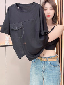 Pure Color Short Sleeve Stitching Korean Style T-shirt Womens Gentle Tops Summer Chic and Beautiful Shirt Loose Temperament Half Sleeve Ins
