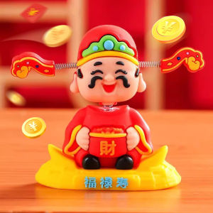 2PCS Chinese God of Wealth Shaking Head Car Ornament Good Luck Fortune Figurine Auto Dashboard Bobblehead Doll Office Desktop Decor