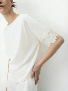 AMII | Irregular Hem Lace Insert Asymmetric Boat Neck Short Sleeve Womens Blouse
