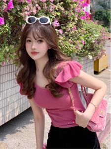 Slim Fit Short Sleeve V-Neck Ice Silk Knitted Top High Waist T-Shirt Women Summer Commute Style Korean Version Peixi Brand