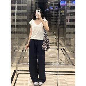 Womens High Waist Straight Leg Linen Pants Long Summer Casual Breathable Drapey Cotton Linen Trousers Korean Style