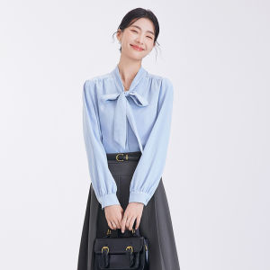 Tumando Blue Butterfly Knot Long Sleeve Shirt Womens Autumn Elegant High-End Feeling Blouse Interview Professional Commute Top