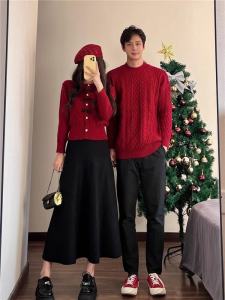 Couples Red Knitted Sweater Cardigan Unique Design Christmas New Years Fashion Loose Fit Youthful Style Long Sleeve round Neck